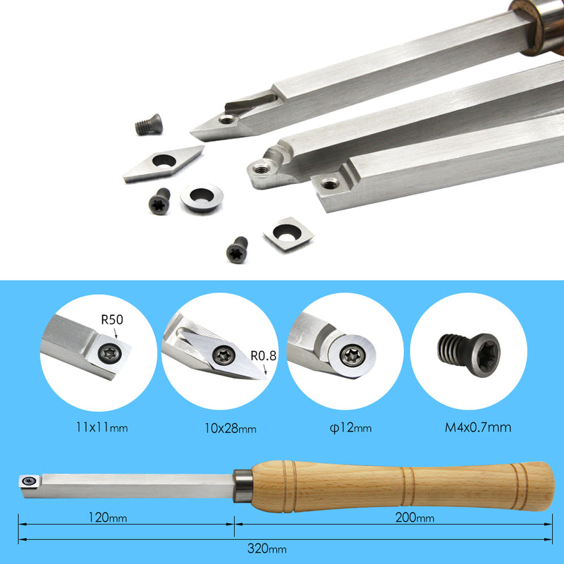 Mini Carbide Cutter Wood Turning Tools Set with Steel Arbor Beech Handle Woodturning Lathe Chisels for Woodworking