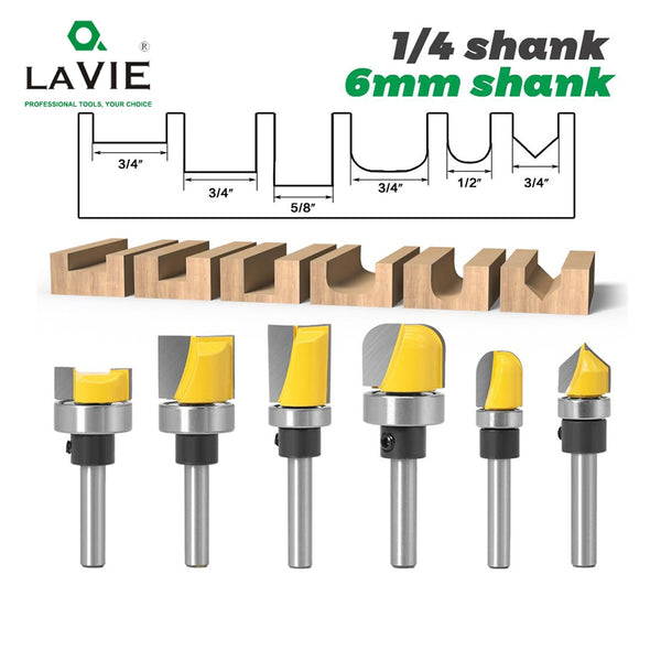 6PC 1/4" 6mm Shank Pattern Bit Flush Trim Bit Straight Bit with Bearing Hinge Mortising Router Bit