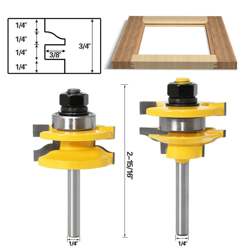 Juego de brocas para enrutador de riel y estilo de 1/4 ", 2 uds., cortador de espiga para cuchillo de carpintería para puerta y ventana