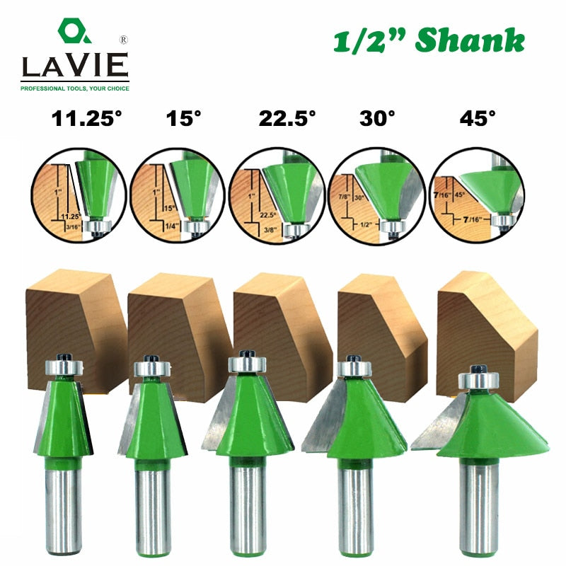 5pcs 12MM 1/2" Shank Chamfer Router Bit 11.25 15 22.5 30 45 Degree Milling Cutter for Wood Machine