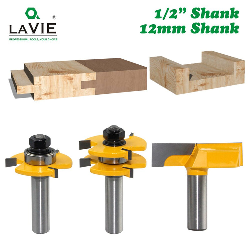 3pcs 12MM 1/2inch Shank Tongue & Groove Joint Assemble Router Bits 3/4" stock T-Slot Tenon Cutter Milling