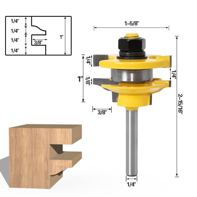 1/4" 2pcs Rail and Stile Router Bit Set Door Window Woodworking Knife Tenon Cutter