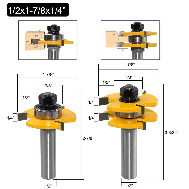 2pcs 12MM 1/2 Shank Tongue & Groove Joint Assemble Router Bits 3/4" stock T-Slot Tenon Milling Cutter