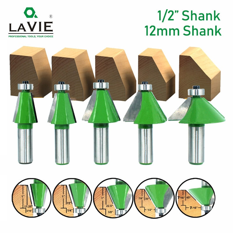 1pc 12MM 1/2 "vástago chaflán Router Bit 11,25 15 22,5 30 45 grados fresa para máquina de madera