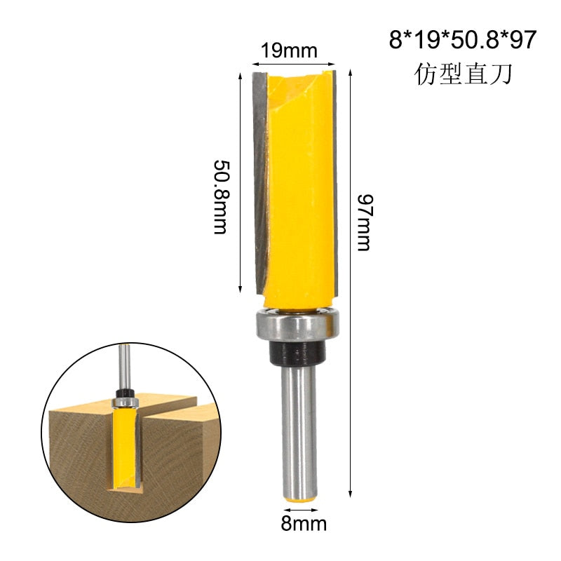 Broca enrutadora con patrón de corte al ras de 8mm, brocas de rodamiento superior e inferior, fresa