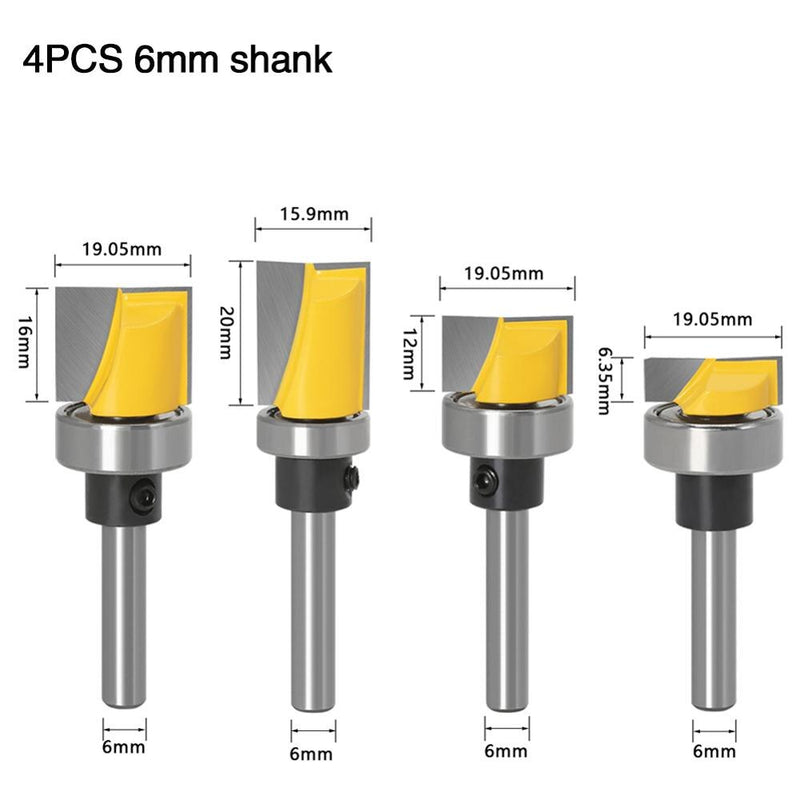 Juego de 4 brocas para enrutadora de corte, vástago de 1/4 "y 6mm, patrón/plantilla de 5 bits, cortador de espiga para carpintería