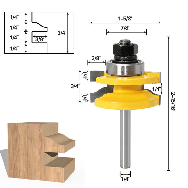 1/4" 2pcs Rail and Stile Router Bit Set Door Window Woodworking Knife Tenon Cutter