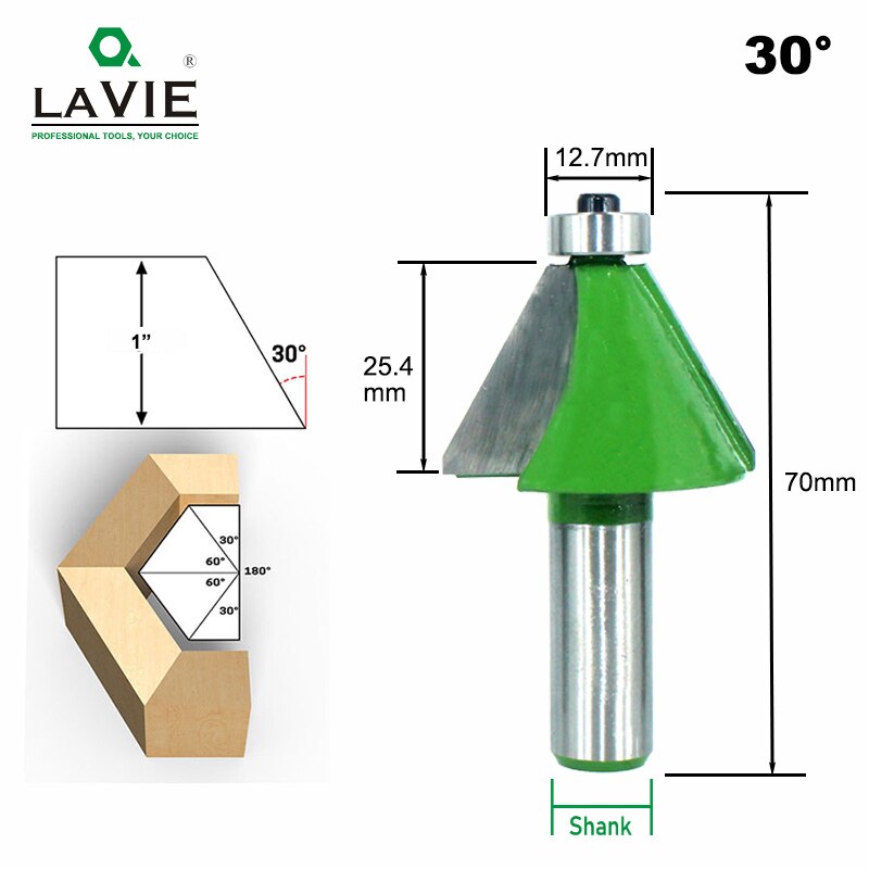 1pc 12MM 1/2 "vástago chaflán Router Bit 11,25 15 22,5 30 45 grados fresa para máquina de madera