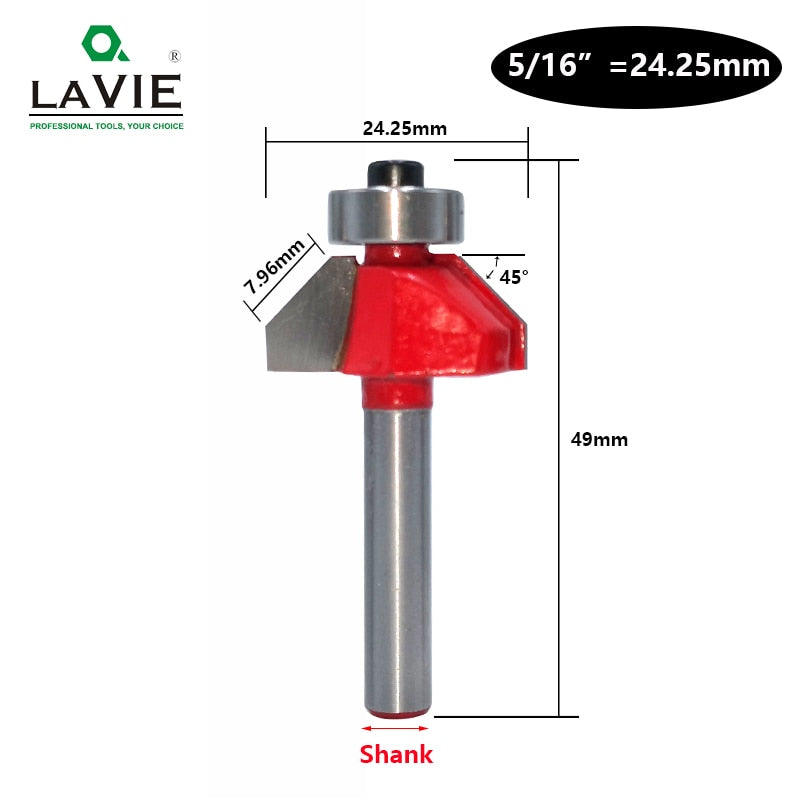 Broca enrutadora de chaflán de 45 grados, vástago de 6mm y 6,35mm, cortador de fresado para carpintería biselado