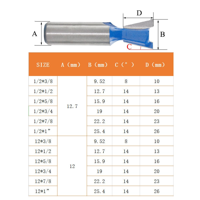 6pcs 12mm Shank 1/2 Dovetail Joint Router Bits Set 14 Degree Woodworking Engraving Bit Milling Cutter for Wood