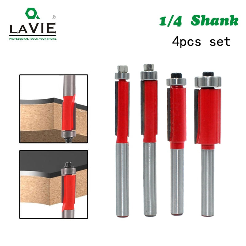 4pcs 1/4" End Dual Flutes Ball Bearing Flush Router Bit Straight Shank Trim Wood Milling Cutters for Woodworking