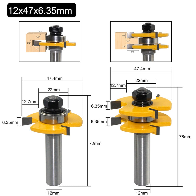 2pcs 12MM 1/2 Shank Tongue & Groove Joint Assemble Router Bits 3/4" stock T-Slot Tenon Milling Cutter