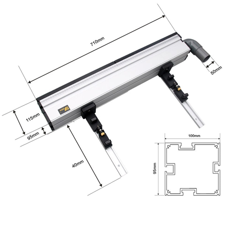 Fresadora, valla de perfil de aluminio con soportes deslizantes, herramientas, enrutador de trabajo en madera, mesa de sierra, bancos de trabajo para carpintería