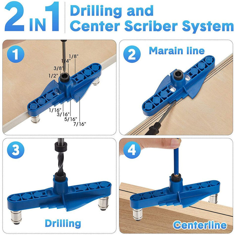 Self Centering Dowel Jig kit with Center Scriber Line Offset System Wood Doweling Hole Drilling Guide Woodworking Tools