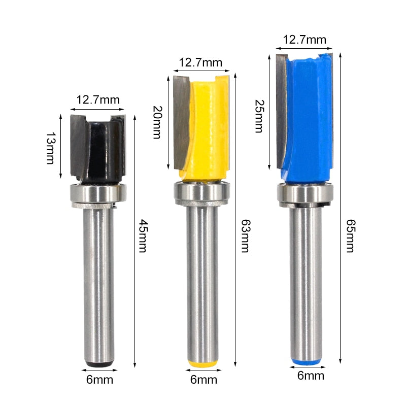 Broca enrutadora de corte al ras con vástago de 6mm, broca con patrón, rodamiento inferior superior, plantilla de hoja de 12mm, Fresa de madera, carpintero MC06080