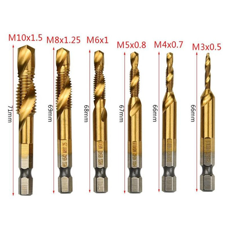 6Pcs Titanium Plated HSS Screw Drill Thread Metric Tap Drill Bits M3 M4 M5 M6 M8 M10 Hex Shank Screw Machine tap Tool