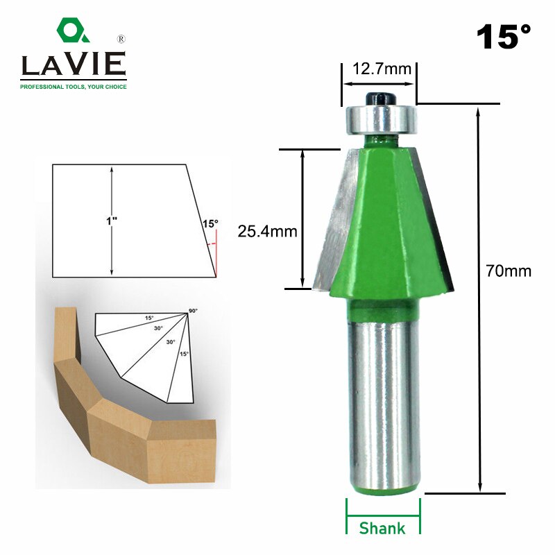 1pc 12MM 1/2 "vástago chaflán Router Bit 11,25 15 22,5 30 45 grados fresa para máquina de madera