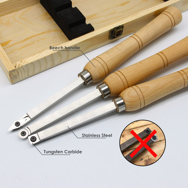 Mini Carbide Cutter Wood Turning Tools Set with Steel Arbor Beech Handle Woodturning Lathe Chisels for Woodworking