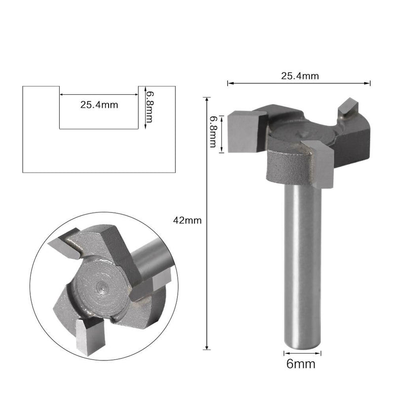 Broca enrutadora con ranura en T, vástago de 6mm, 1/4 ", 3 dientes, fresado de borde recto, mango de corte