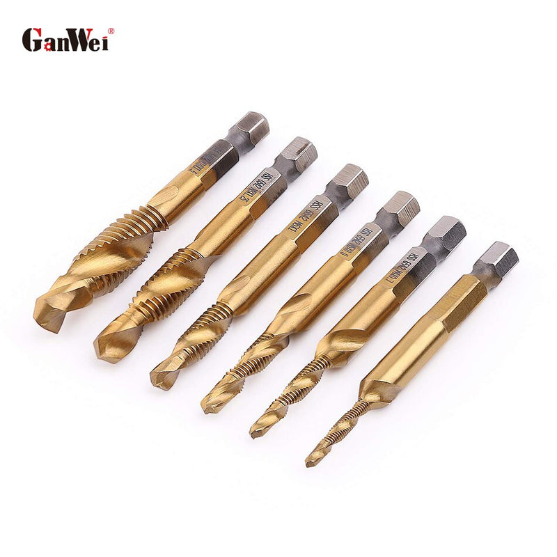 M3-M10 6 Pack HSS Hex Shank Titanium Combination Drill Tap Bits Set Metric Drill and Tap Set Screw Tapping bit Tool