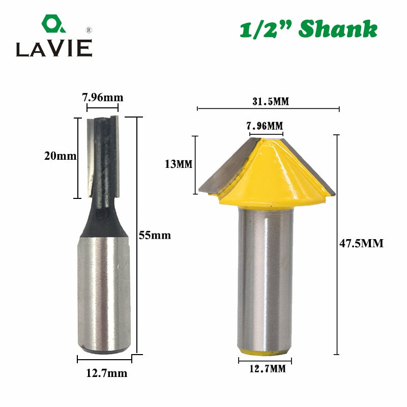 2pcs 12mm 1/2 Carbide Tenon Cutting Bits Knife Flat-bottomed V Shape Milling Cutters Router Bit