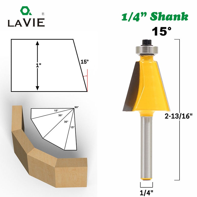 1pc 1/4 "vástago 15 grados 22,5 grados chaflán biselado enrutador de bordes fresadora