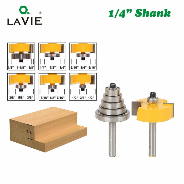 2PCS 1/4 Shank Rabbet Router Bit with 6 Bearings Set Adjustable Tenon Cutter Cemented Carbide Woodworking Bits