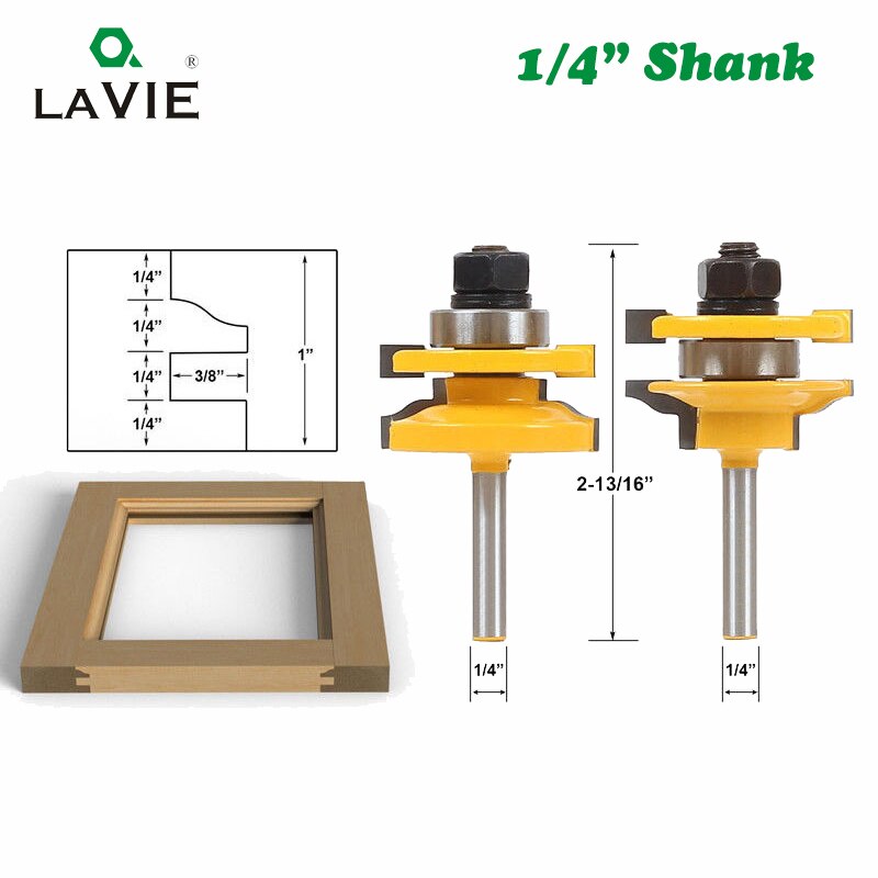 1/4" 2pcs Rail and Stile Router Bit Set Door Window Woodworking Knife Tenon Cutter