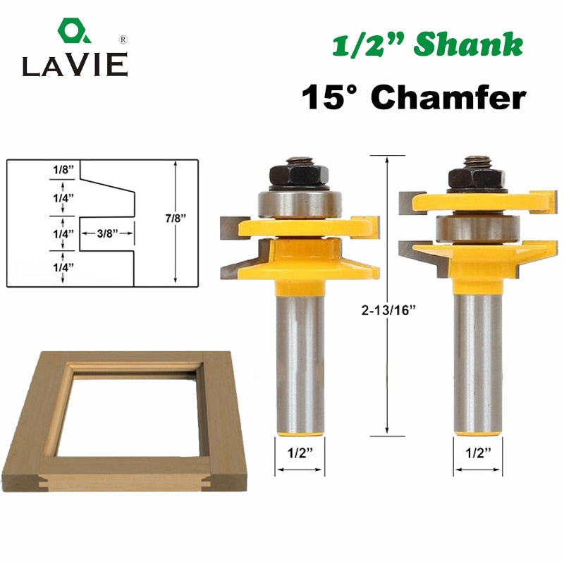 Juego de enrutador de espiga y riel de vástago de 12mm y 1/2 ", fresa de espiga para carpintería biselada para puerta, herramientas de madera, 2 uds.