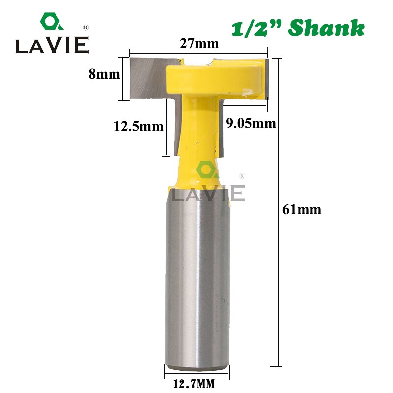 Broca enrutadora con mango con ranura en T, vástago de 12mm y 1/2 pulgadas, ranura de carburo de tungsteno recta para Fresa de madera, carpintería