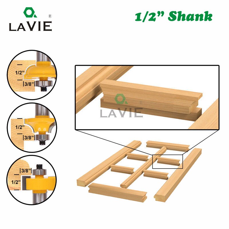 3pcs 12mm 1/2" Shank Router Bits Set Beading Bit Round Over Bead Frame Door T V Shape Milling Cutter