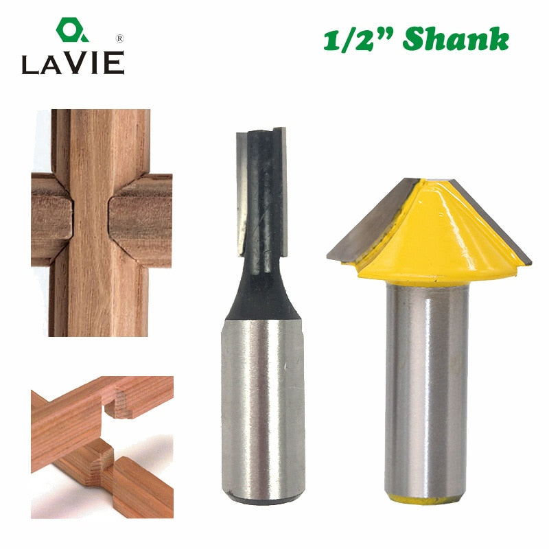 2pcs 12mm 1/2 Carbide Tenon Cutting Bits Knife Flat-bottomed V Shape Milling Cutters Router Bit