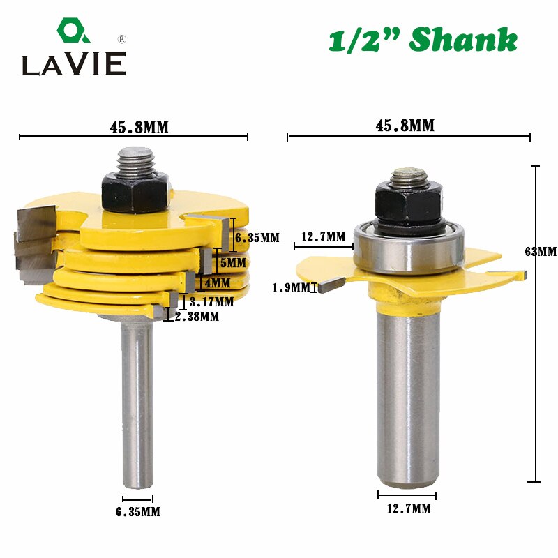 2pcs 12mm 1/2 Shank Slot Knife Cutters 3 Wing Router Bits Set 7pcs Blade Cemented Carbide Milling Cutter for Wood