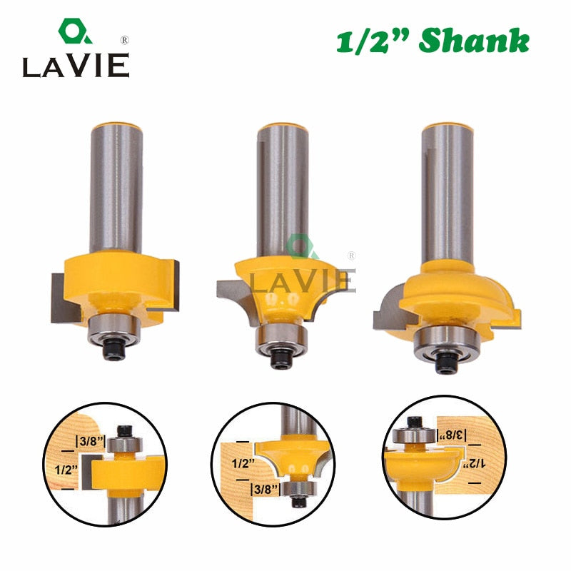 3pcs 12mm 1/2" Shank Router Bits Set Beading Bit Round Over Bead Frame Door T V Shape Milling Cutter