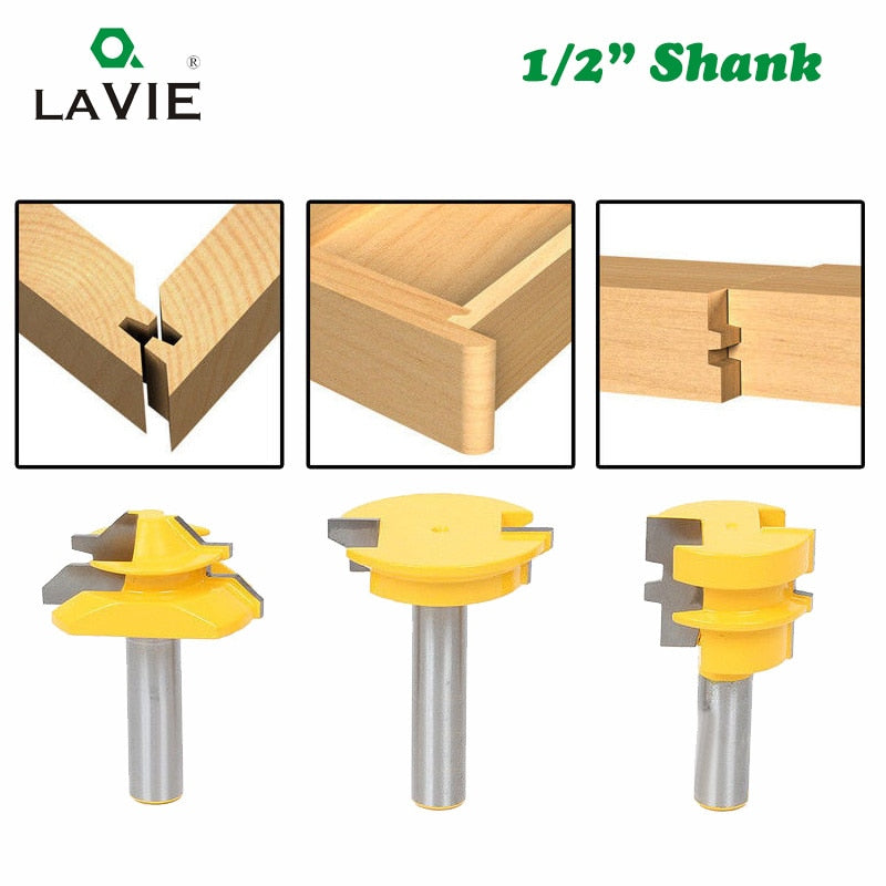 3pcs 12mm 1/2" Shank Tenon Router Bits Set Drawer Molding 45 Degree Lock Miter Bit Glue Joint Wood Milling Cutter