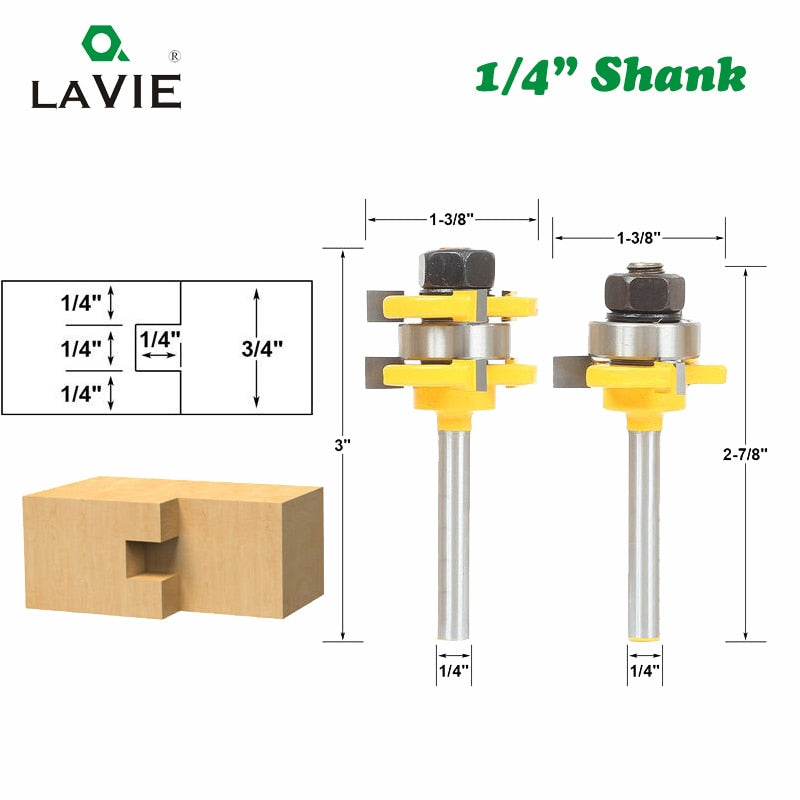 2Pcs 1/4" Shank Tongue & Groove Router Bits 3/4" Stock 3 Teeth T-shape Tenon Milling Cutter