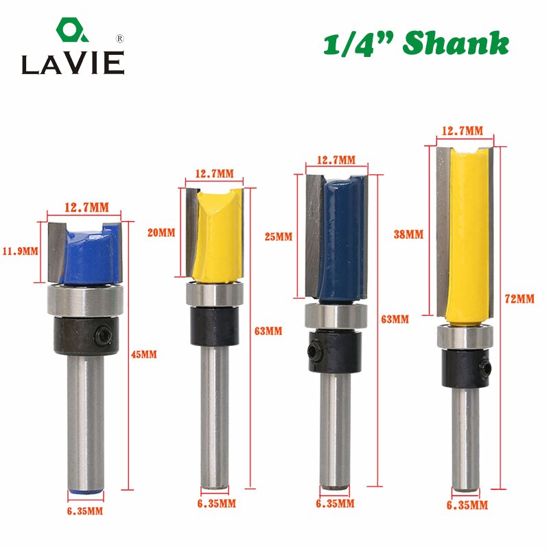 4 Uds 1/4 ''broca enrutadora de corte al ras broca con patrón borde de rodamiento superior e inferior fresa a ras herramientas de carpintero