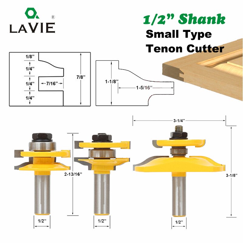 3PCS Bits 12mm 1/2" Shank Small Ogee Rail & Stile Backcutter Router Bit Panel Raiser Tenon Cutter Set Woodworking Milling