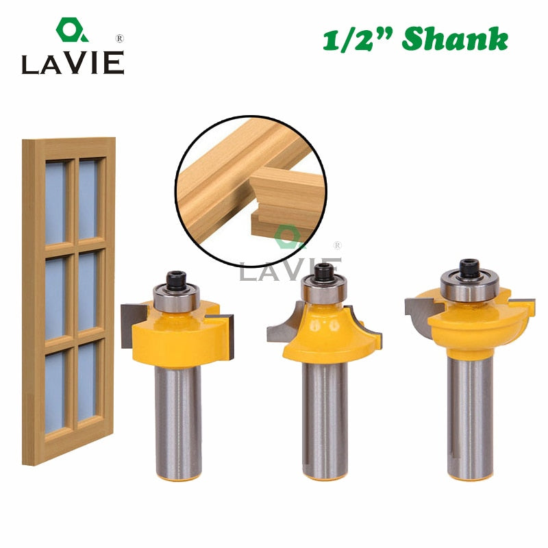 3pcs 12mm 1/2" Shank Router Bits Set Beading Bit Round Over Bead Frame Door T V Shape Milling Cutter