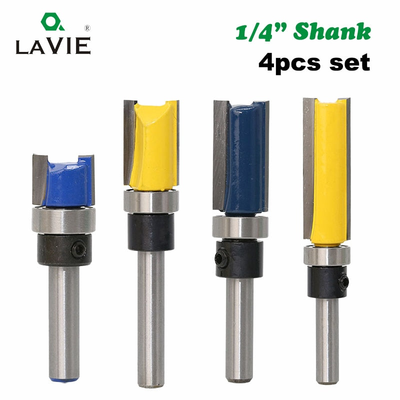 4pcs 1/4'' Flush Trim Router Bit Pattern Bit Top & Bottom Bearing Edge Flush Milling Cutter Carpenter Tools