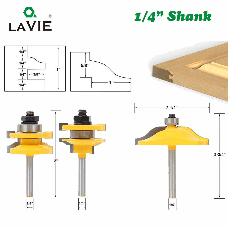 1/4" Shank 3pcs Large Door Panel Cabinet Tenon Router Bit Cabinet Rail & Stile Set Panel Raiser Ogee Wood Milling Cutter