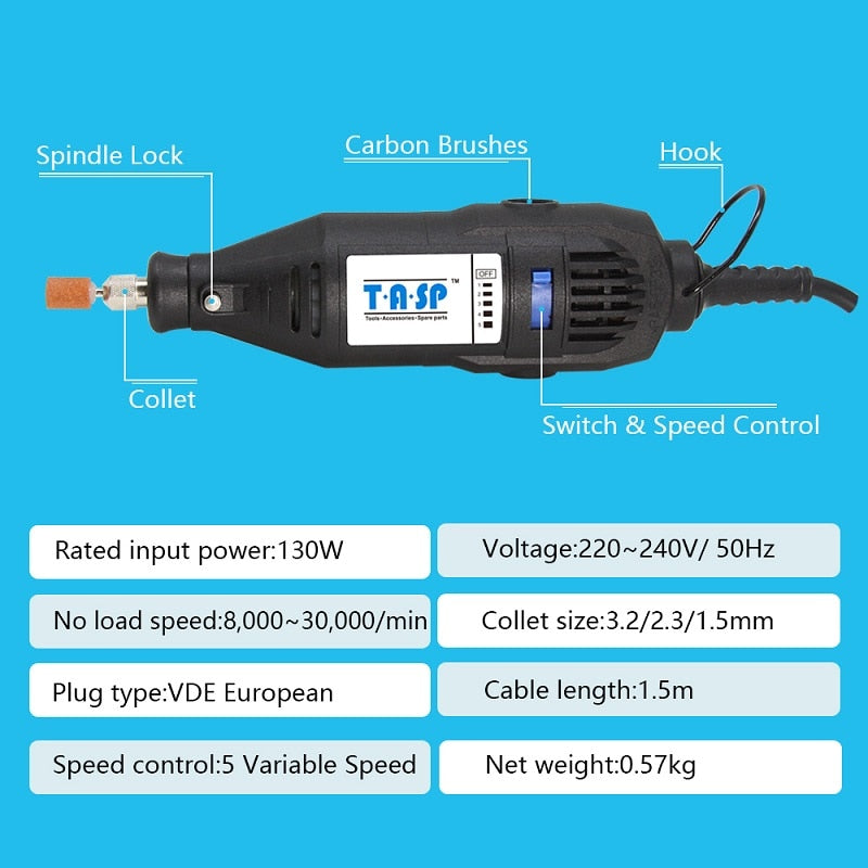 Juego de Herramientas rotativas Dremel de 230V y 130W, Mini taladro eléctrico, Kit de molienda con accesorios, herramientas eléctricas para proyectos artesanales