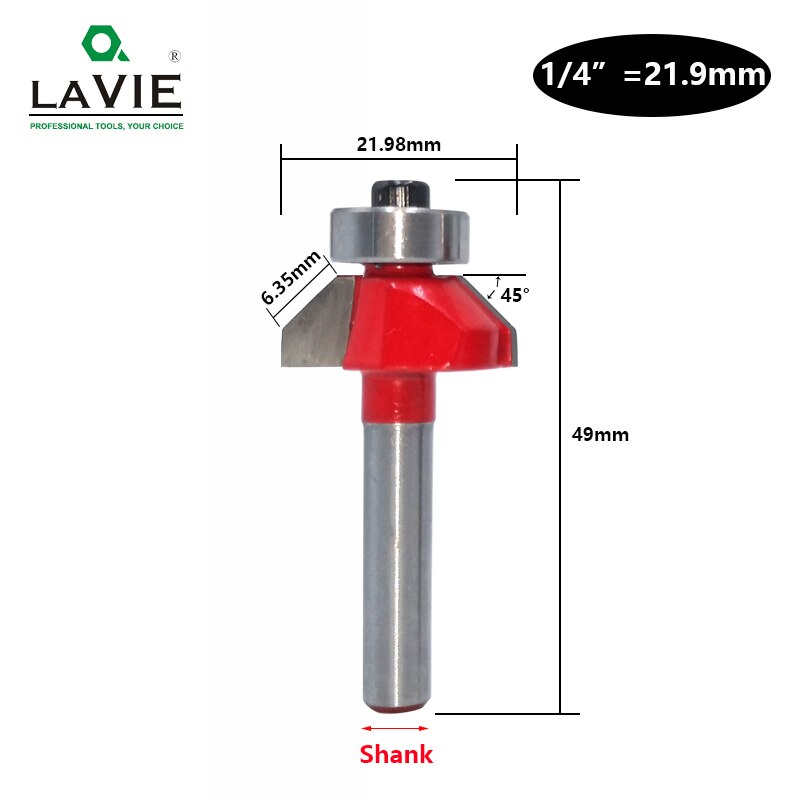 Broca enrutadora de chaflán de 45 grados, vástago de 6mm y 6,35mm, cortador de fresado para carpintería biselado