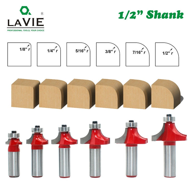 6pcs 12mm 1/2" Shank Corner Round Over and Beading Edging Router Bit Set C3 Carbide Tipped Tenon Cutter