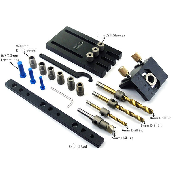 3 in 1 Adjustable Doweling Jig Drilling Guide Locator Puncher Tool Woodworking Pocket Hole Jig With 6/8/10/15mm Drill Bit