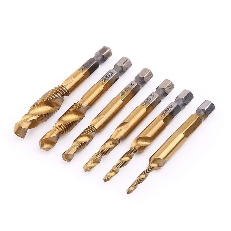 M3-M10 6 Pack HSS Hex Shank Titanium Combination Drill Tap Bits Set Metric Drill and Tap Set Screw Tapping bit Tool