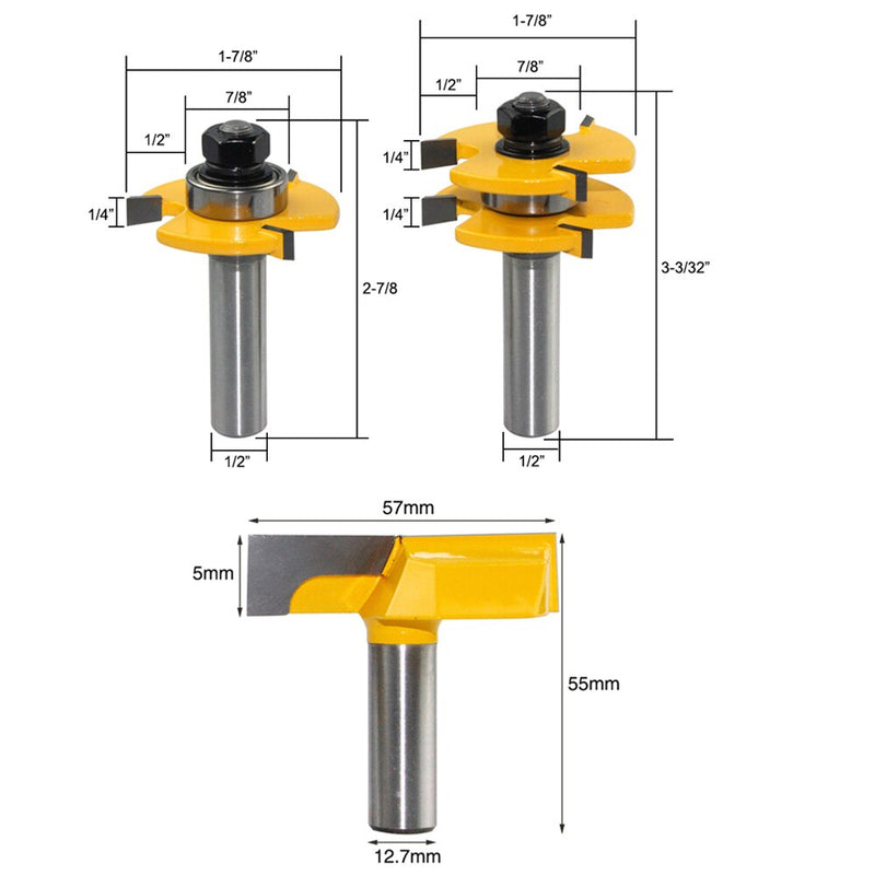 3pcs 12MM 1/2inch Shank Tongue & Groove Joint Assemble Router Bits 3/4" stock T-Slot Tenon Cutter Milling