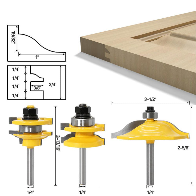 1/4" Shank 3pcs Large Door Panel Cabinet Tenon Router Bit Cabinet Rail & Stile Set Panel Raiser Ogee Wood Milling Cutter