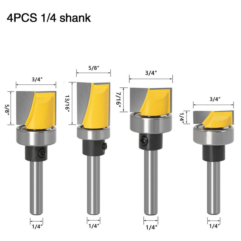 4pcs Trim Router Bit Set - 1/4" 6mm Shank - 5 Bit Pattern/Template Woodworking cutter Tenon Cutter