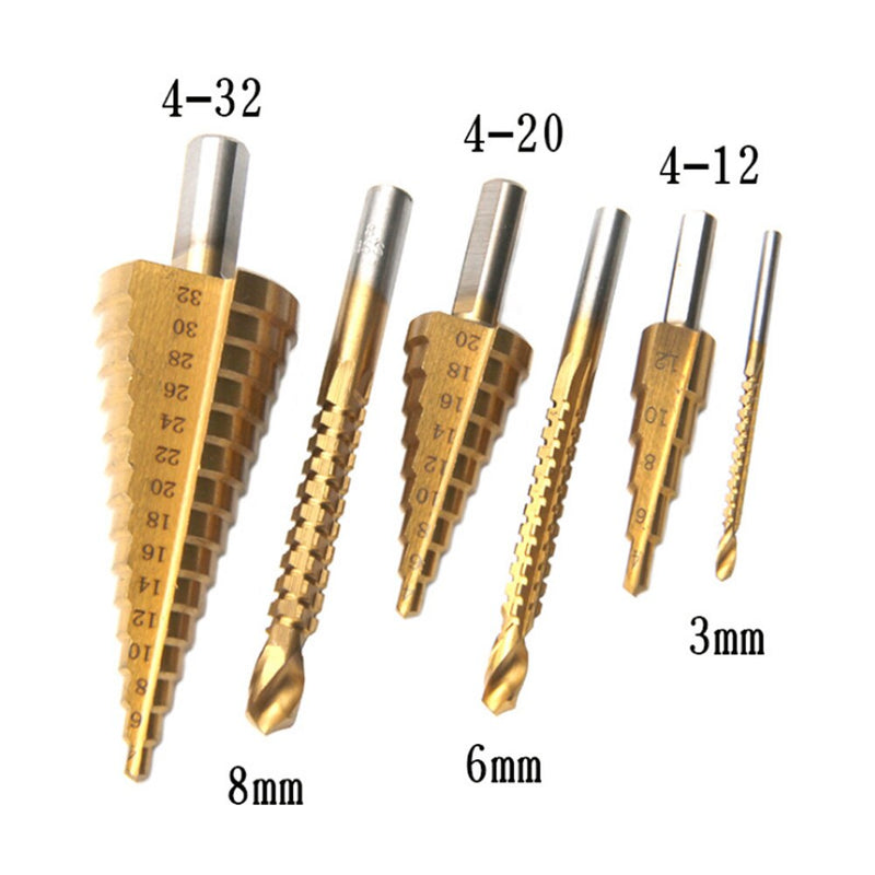 HSS Titanium Step Drill Bit Set Cone Hole Cutter Taper Metric Titanium Coated Metal Hex Core Drill Bits Cone Drill